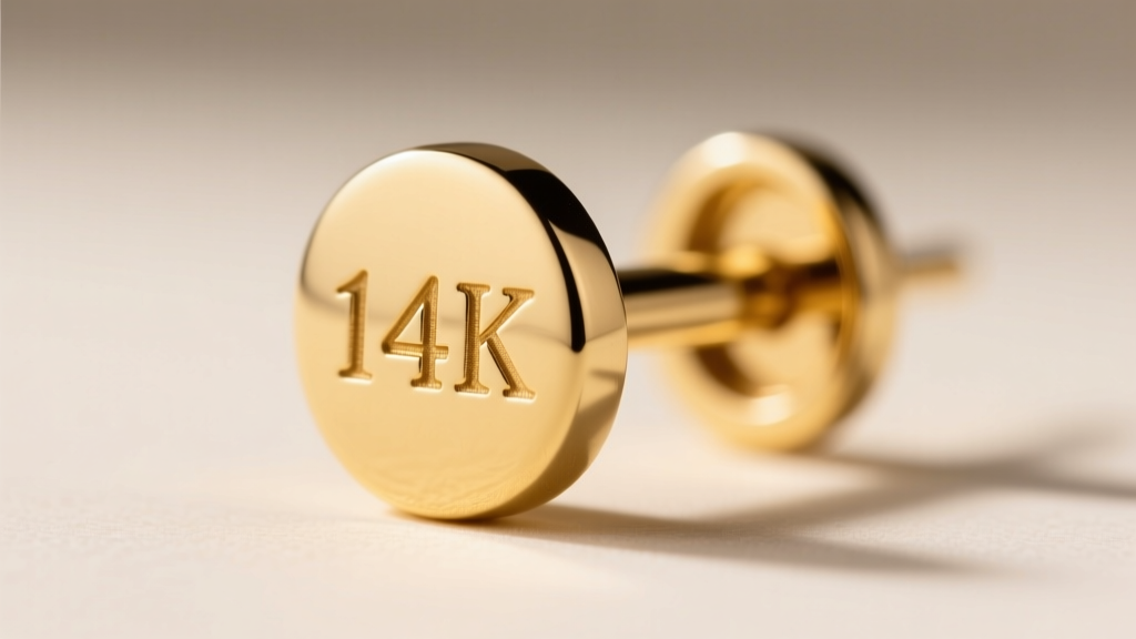 Macro photograph of a 14k yellow gold earring post, highlighting the tiny 14K and maker's mark hallmarks stamped into the metal.