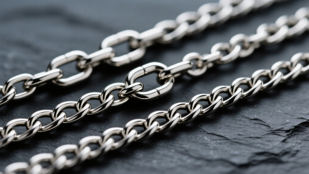 Macro view of 2mm silver rolo, box, and figaro weaves on dark slate, showing link geometry and polished metal surface details.