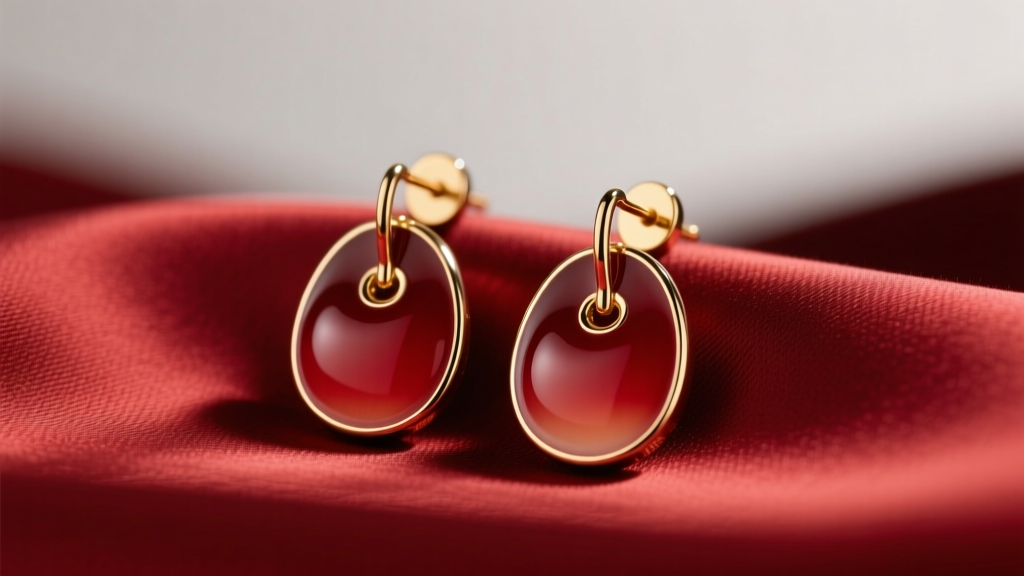 Close-up of Coach cherry enamel drop earrings with gold-tone brass posts, resting on red silk fabric under soft studio lighting.