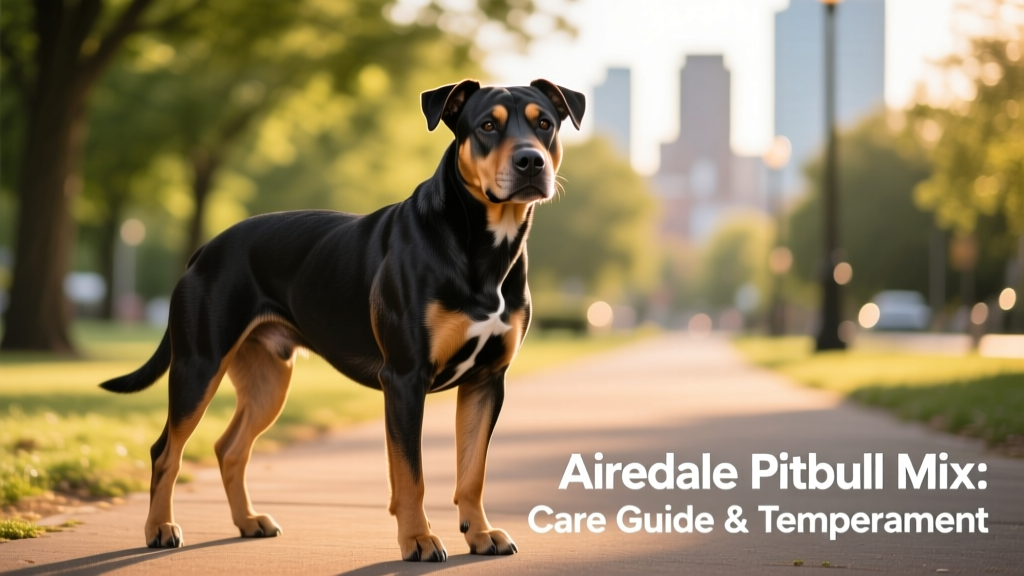 A healthy, muscular Airedale Pitbull mix standing confidently outdoors, showing its athletic build and alert expression