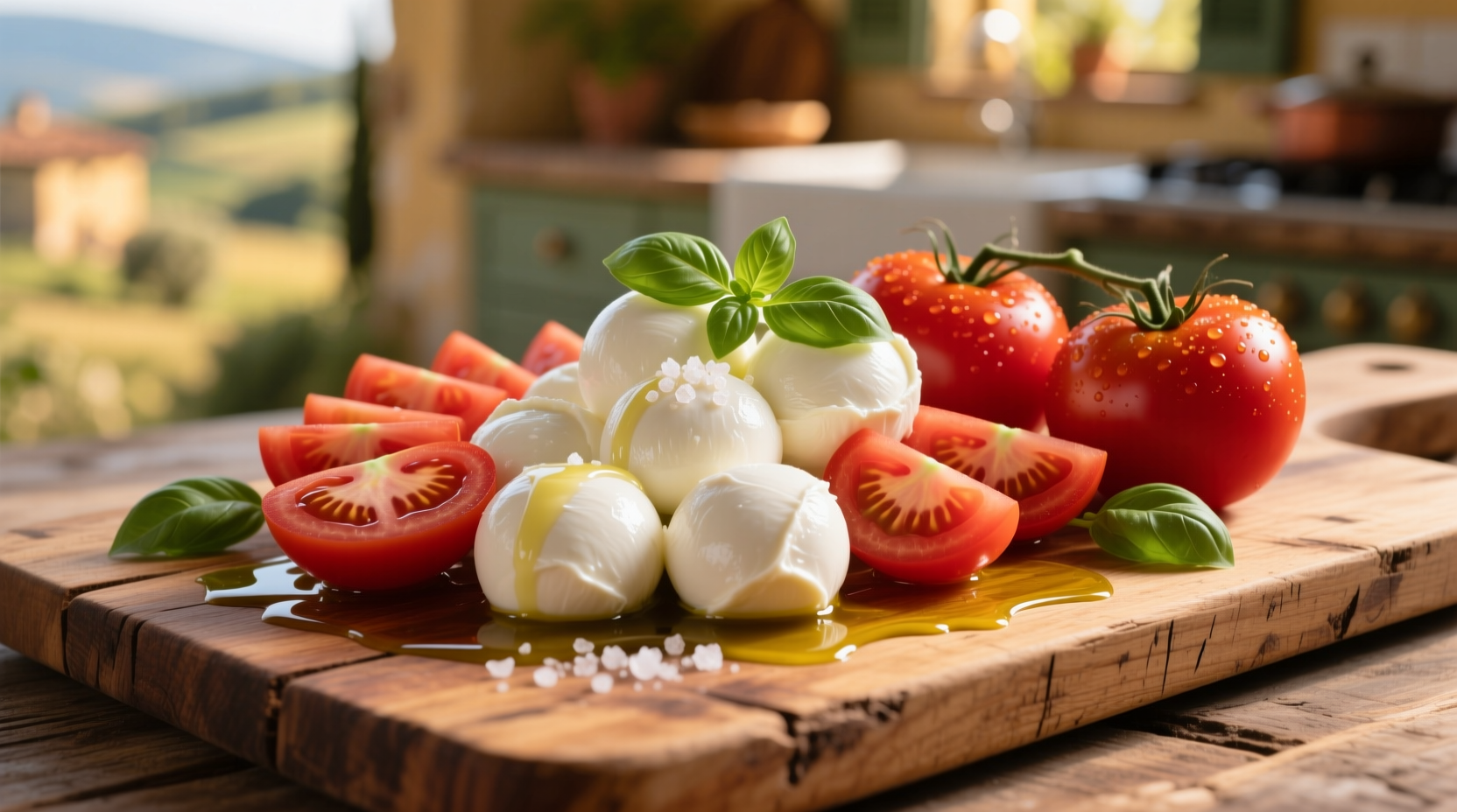 Fresh mozzarella and tomatoes arranged on wooden board