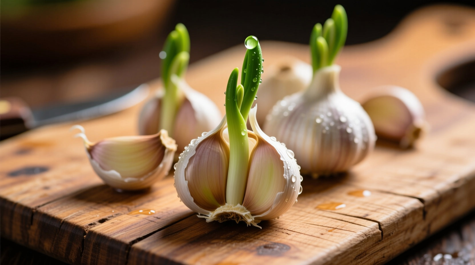 Fresh garlic cloves with green sprouts on wooden cutting board