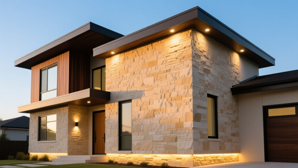 Modern home exterior featuring warm limestone manufactured stone veneer outside wall with dark cedar trim and LED uplighting.