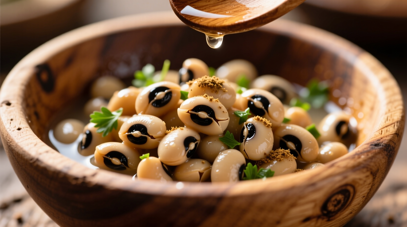 Close-up of cooked black eyed peas in a wooden bowl