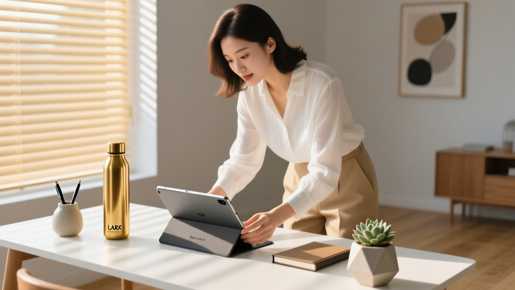 Woman organizing a minimalist desk with a Boox Note Air 4 C and a brass LARQ water bottle, morning sunlight streaming through blinds