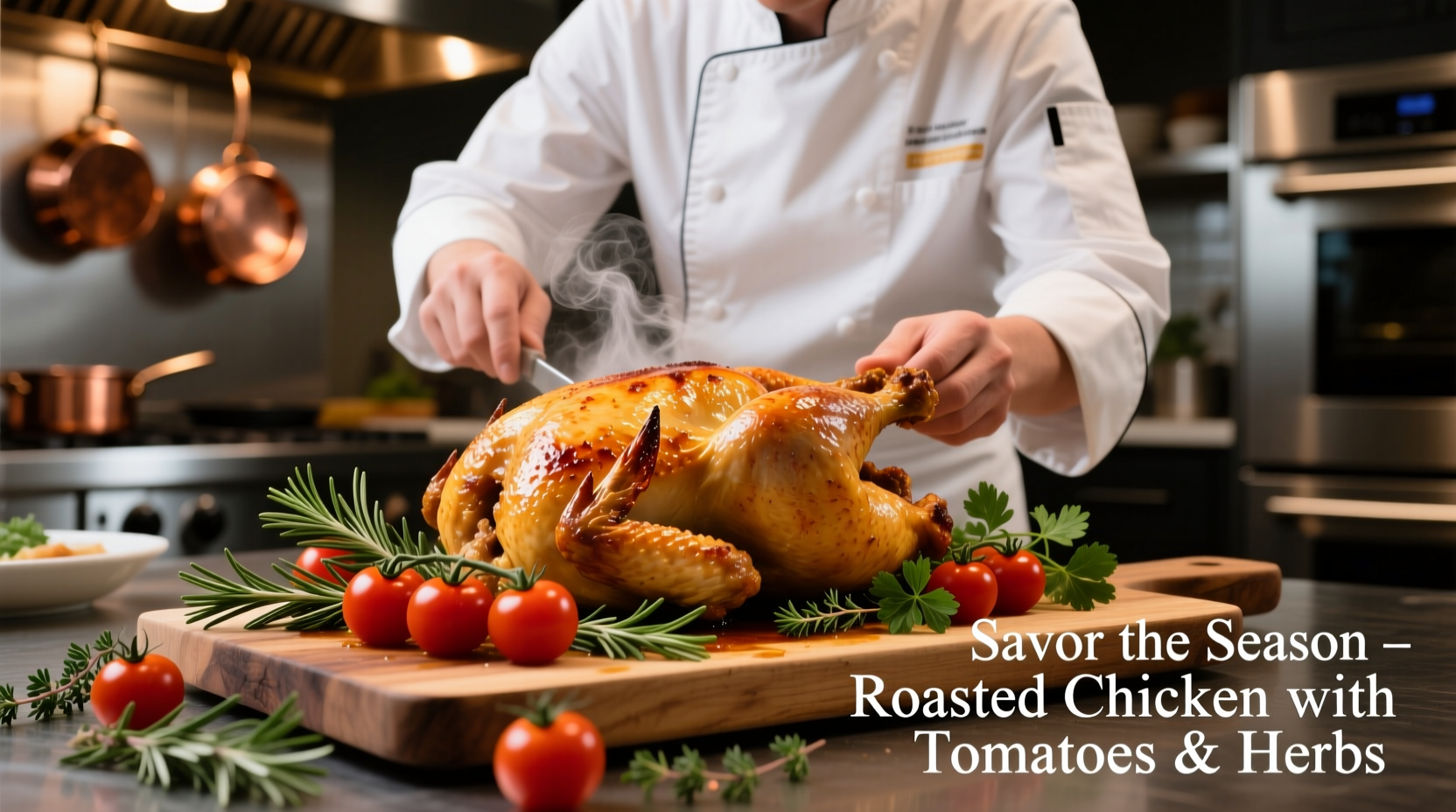 Chef preparing roasted chicken with tomatoes and herbs