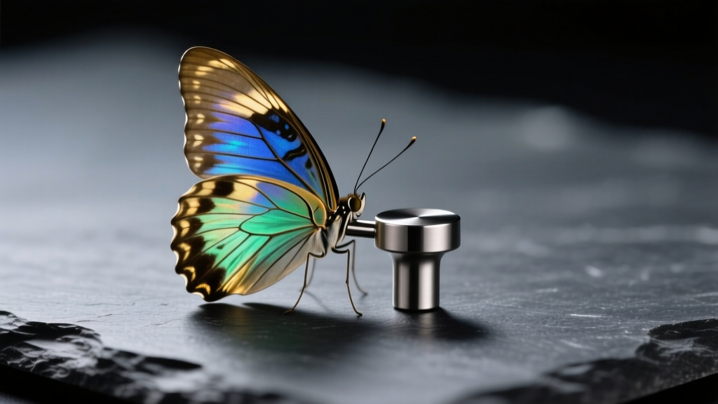 Macro shot of a butterfly clutch back beside a threadless flat back titanium labret resting on a dark slate surface.