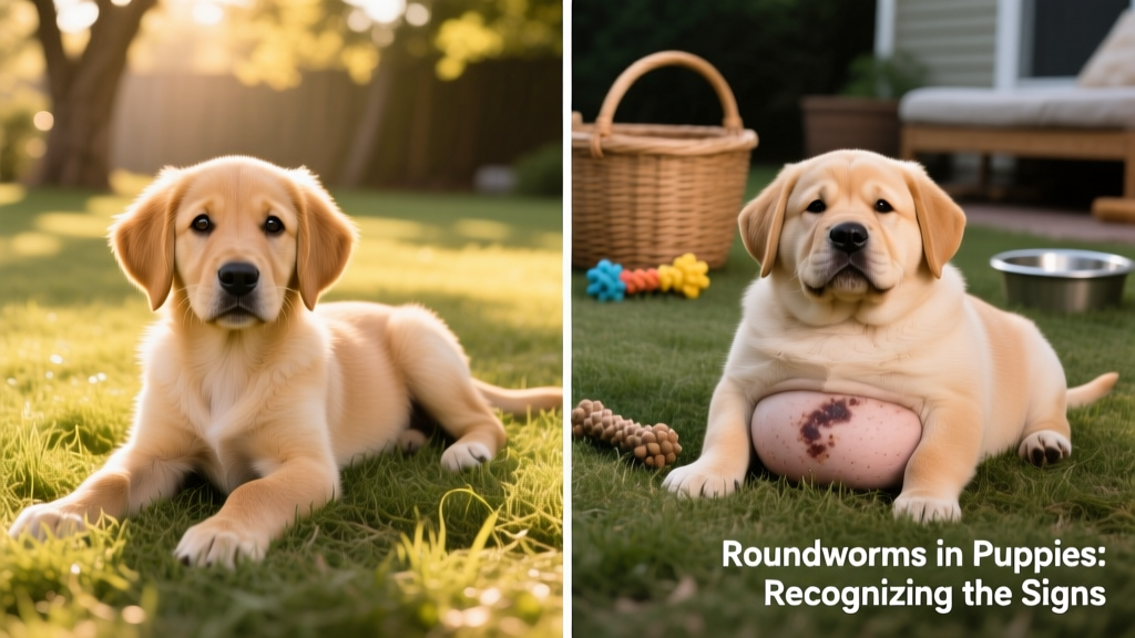 Side-by-side comparison: healthy puppy abdomen versus pot-bellied puppy with roundworm infection