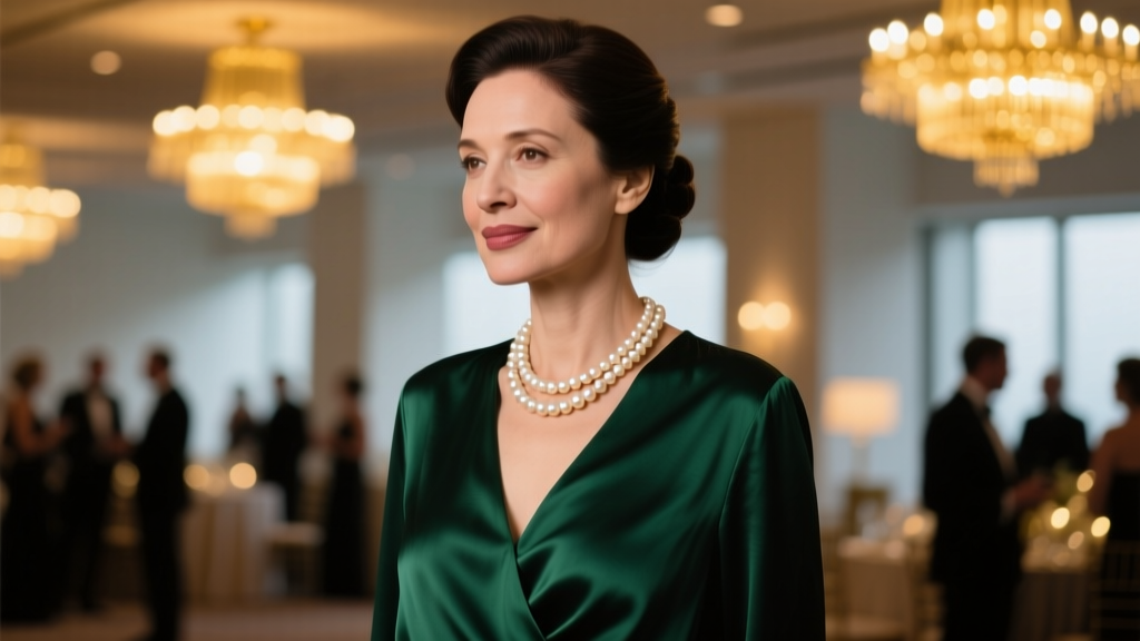Woman wearing a double strand pearl necklace over a dark silk blouse, softly lit by warm ambient light at a sophisticated event.
