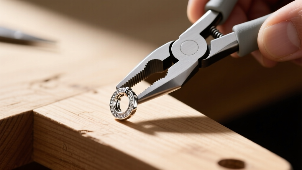 Macro photography of a 20-gauge sterling silver earring post being gently straightened with nylon-jaw pliers on a wooden bench