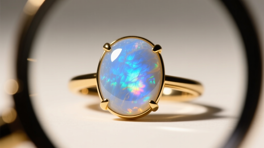 Loupe view of a rainbow moonstone cabochon in a protective gold bezel setting, highlighting its blue adularescent sheen