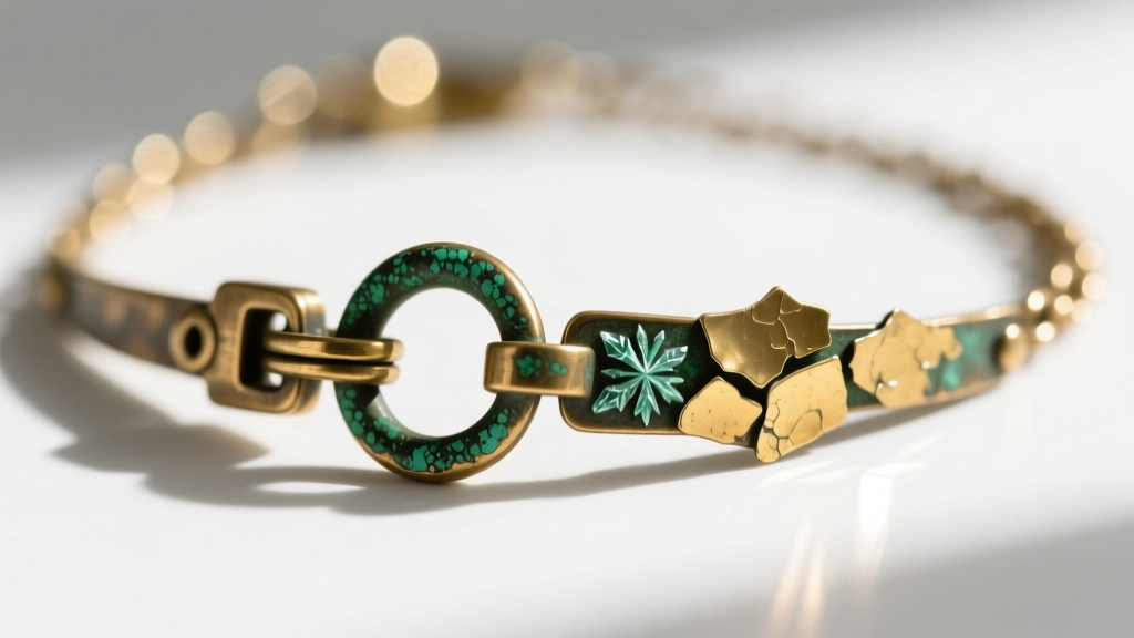 Macro shot of a brass souvenir necklace showing green oxidation and peeling gold flash plating around the clasp and jump ring.