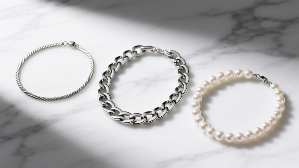 Flat lay of three star silver necklaces on white marble, showing a delicate cable chain, a thick curb chain, and a pearl strand.