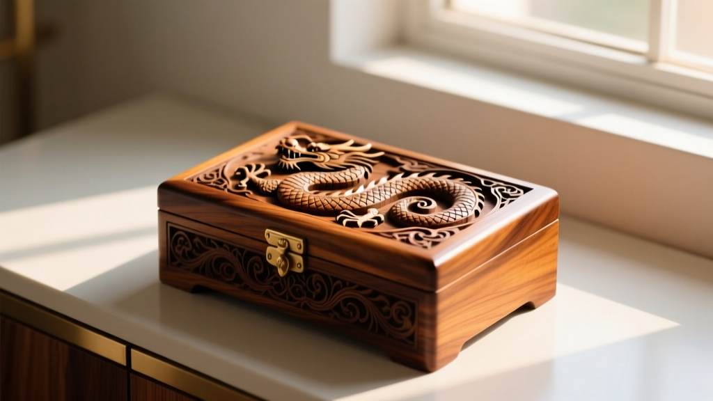 Elegant Sheesham wood jewelry box with an intricately carved coiled Eastern dragon, resting on a vanity in soft morning sunlight.