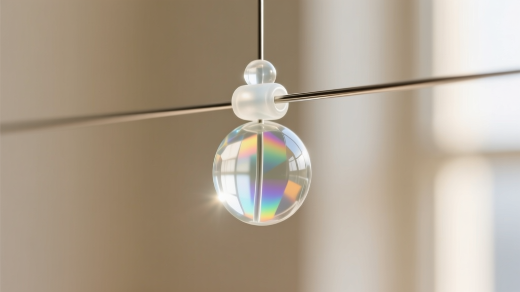 Macro photography of a translucent glass bead secured on a steel wire using a tiny, clear silicone bead bumper in soft focus.