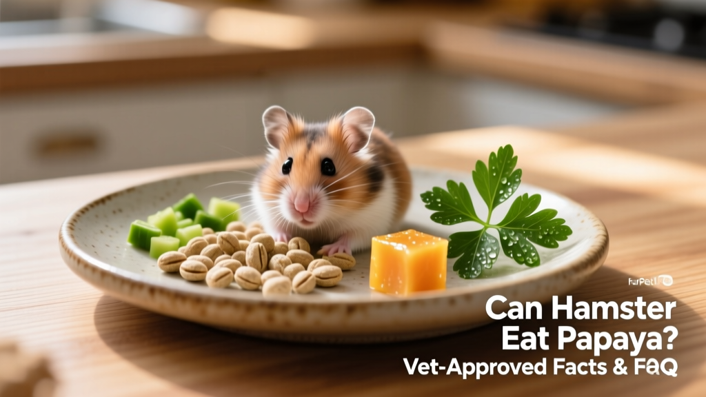 A balanced hamster meal setup: FurPetVo pellets, a few veggie bits, one tiny papaya cube, and a sprig of parsley on a ceramic dish
