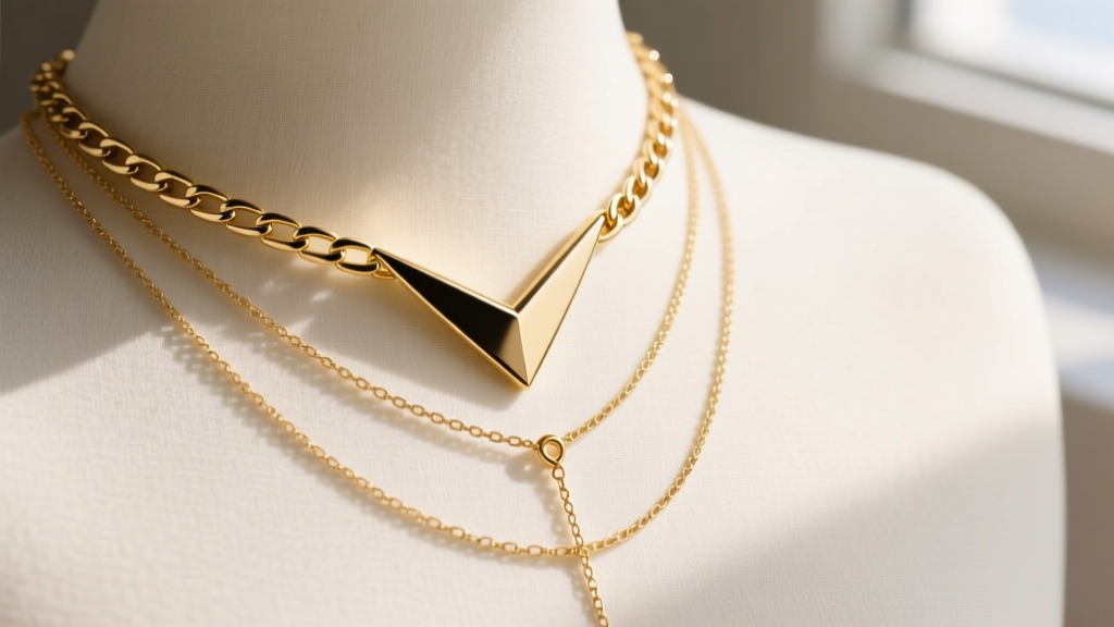 Layered necklace setup featuring a rigid gold-filled chevron on a box chain paired with a delicate 14k solid gold lariat pendant.