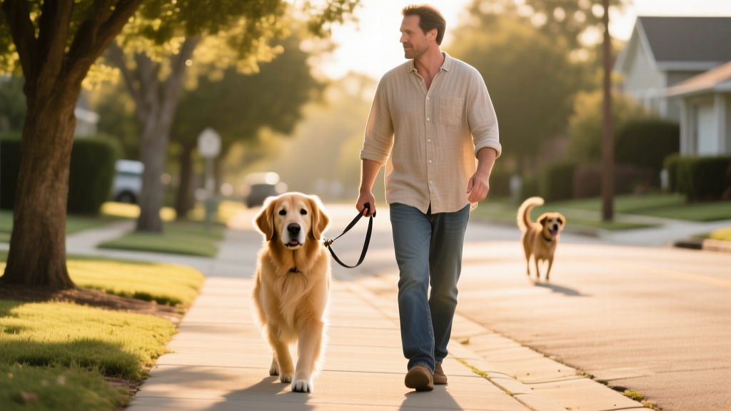 A calm dog walking on a leash beside their owner on a quiet neighborhood street