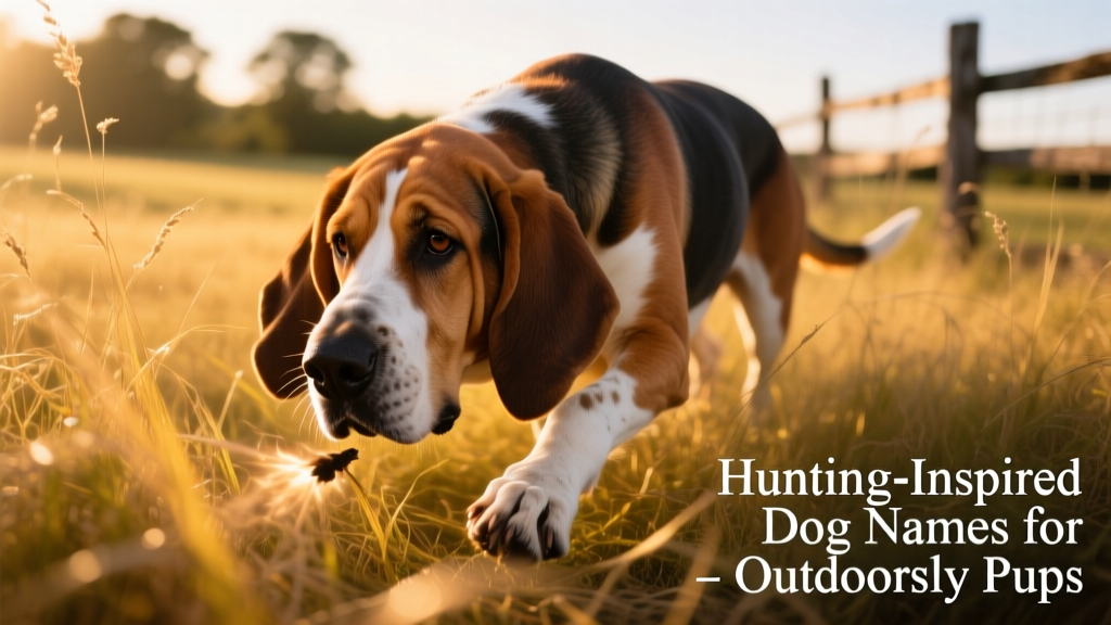 A focused bloodhound on a scent trail in tall grass at golden hour