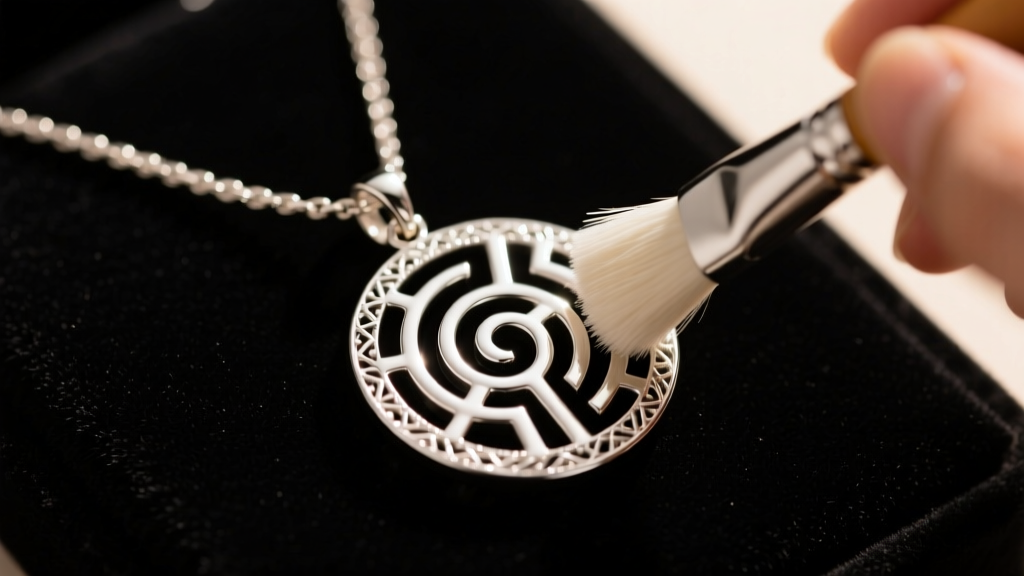 Soft brush cleaning the intricate grooves of a sterling silver labyrinth necklace pendant under warm, directional studio lighting.