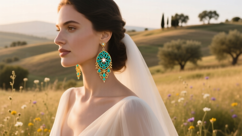 Bride wearing turquoise and gold filigree boho wedding earrings in soft natural outdoor lighting, romantic front profile view