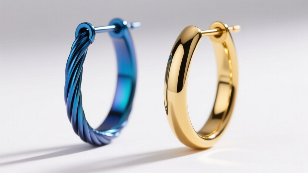 Macro comparison of anodized blue niobium and polished 14k yellow gold ear wires, highlighting surface texture and gauge thickness