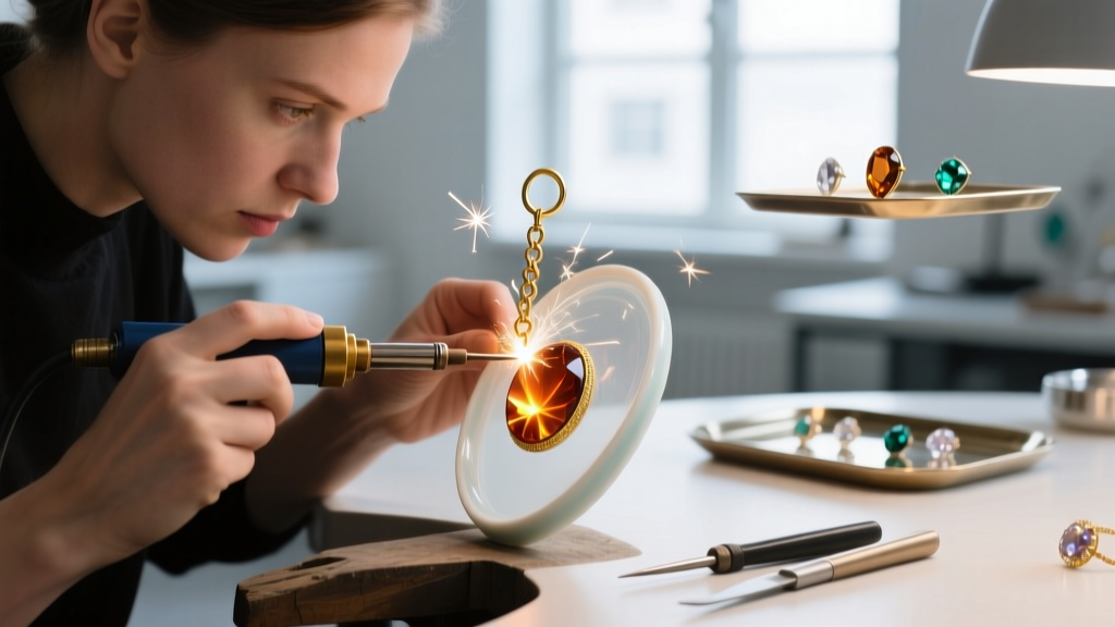 Jeweler using a ceramic shield to protect a sunstone bead while micro-welding a 20-gauge gold jump ring with a pulse arc welder.