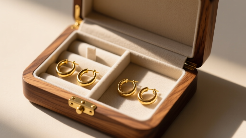 Overhead view of an open walnut wood jewelry box lined with anti-tarnish microfiber, holding separated ethical gold hoops.