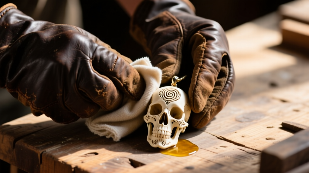 Hands in dark gloves wiping a carved bone skull pendant with a soft cloth and mineral oil on a wooden workbench.