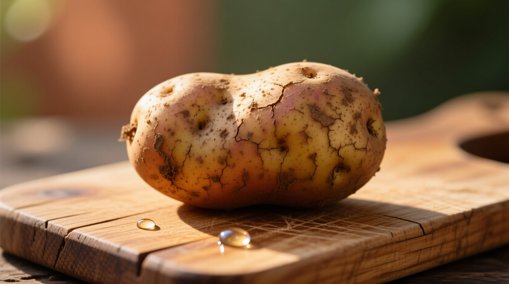Large russet potato on wooden cutting board