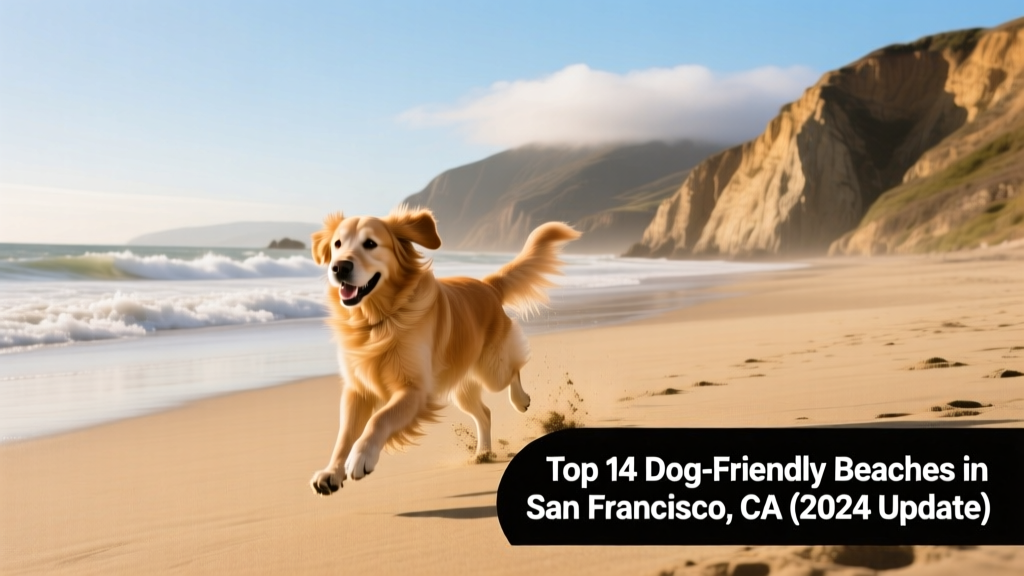 A golden retriever happily running along a wide, windswept beach with cliffs in the background and gentle waves rolling in