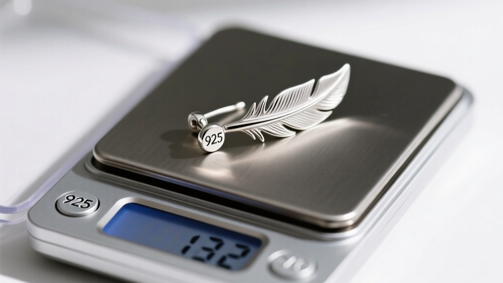 Digital jeweler scale displaying a 3.2-gram sterling silver feather earring, with a clear 925 hallmark stamp visible on the post.
