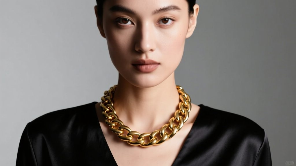 Model wearing a 10mm 14k gold Cuban link necklace over a dark silk top, studio light reflecting off the polished metal links.