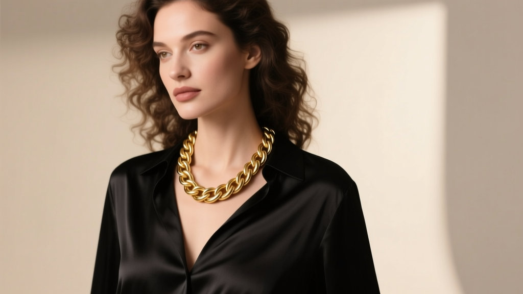 A woman wearing a 32-inch 14k gold rope chain necklace over a black silk blouse, soft studio lighting highlighting the metal