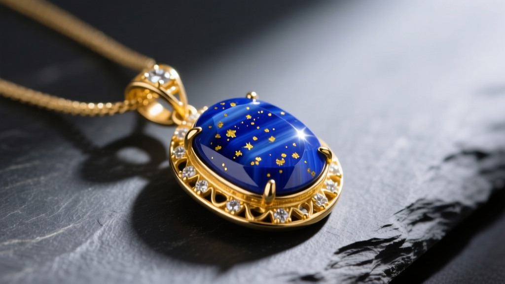 Close-up of a high-grade Afghan lapis lazuli pendant set in 18k yellow gold with visible pyrite inclusions, resting on dark slate.
