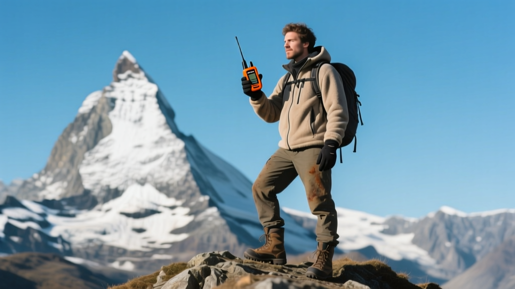 Hiker holding an orange Garmin satellite communicator against a clear blue sky and snowy mountain peak in the blurred background.