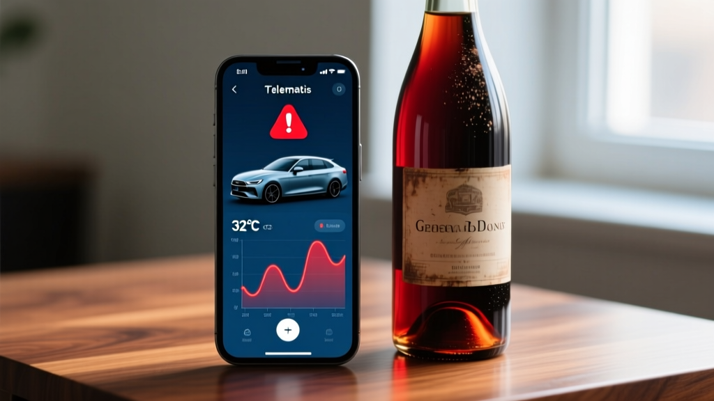 A smartphone screen displaying a vehicle telematics app showing cabin temperature alerts and G-force graphs next to a bottle of vintage Bordeaux.