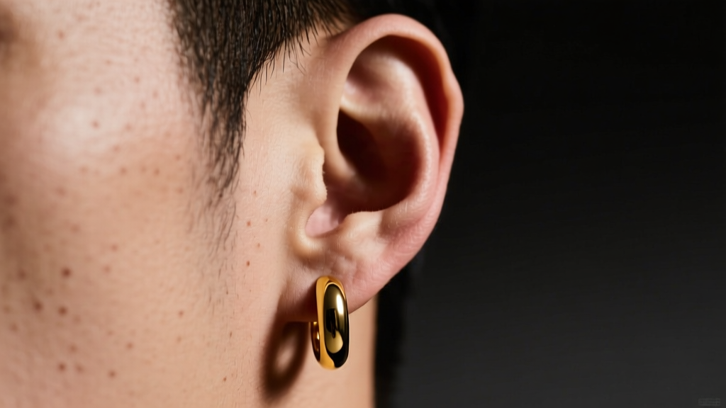 Close-up of a male ear wearing a minimalist 14k yellow gold 10mm hoop earring, illuminated by moody cinematic studio lighting