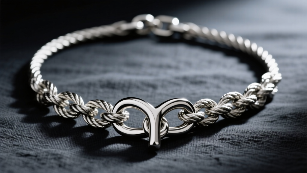 Close-up of a masculine 14-gauge stainless steel rope chain lariat necklace on dark charcoal linen, highlighting the Y-junction.