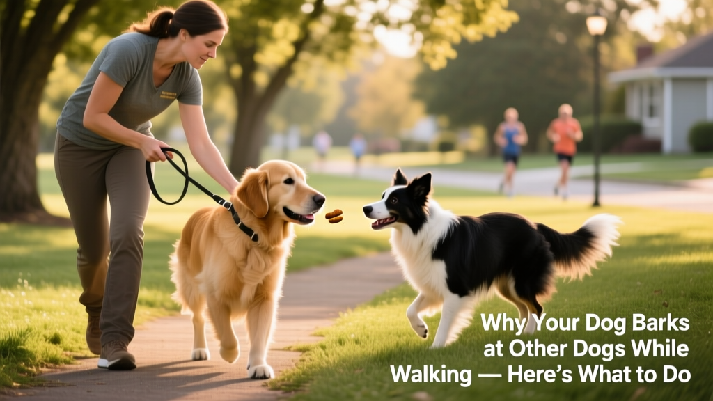 A trainer gently guiding a leashed dog away from another dog while offering a treat