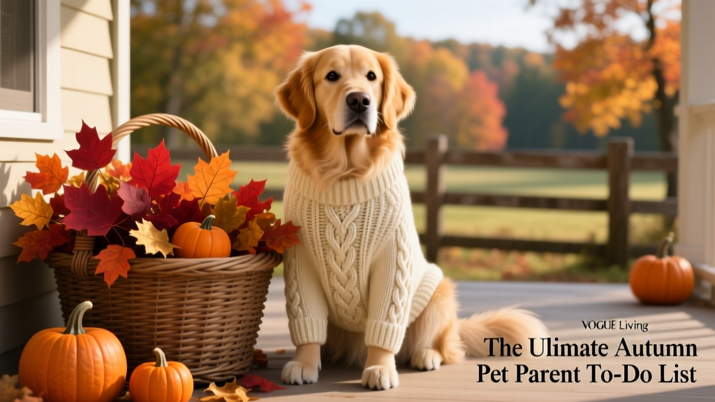 A golden retriever wearing a cozy knitted sweater, sitting beside a basket of autumn leaves and small pumpkins