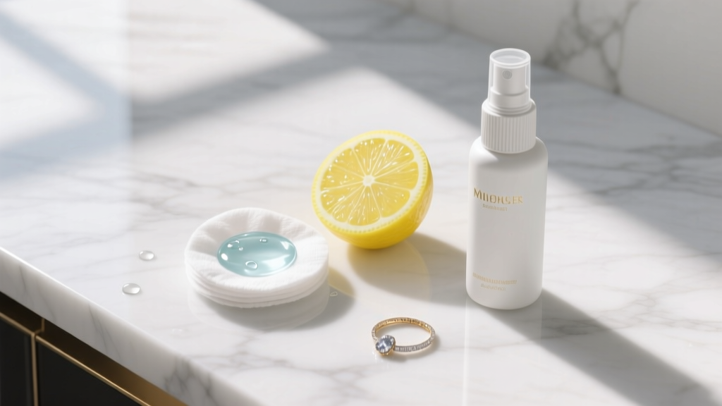 Flat lay of jewelry care items: cotton pad with micellar water, lemon wedge, and polymer sealant spray on a white marble counter