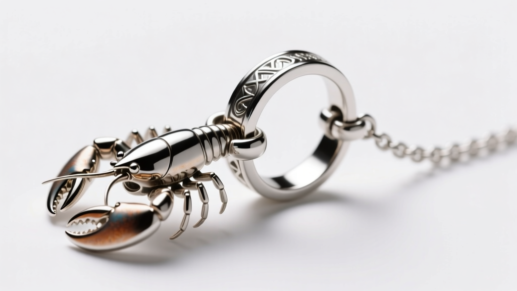 Macro shot of a lobster clasp and hidden bail connecting a heavy ring charm to a 2mm box chain under bright studio lighting