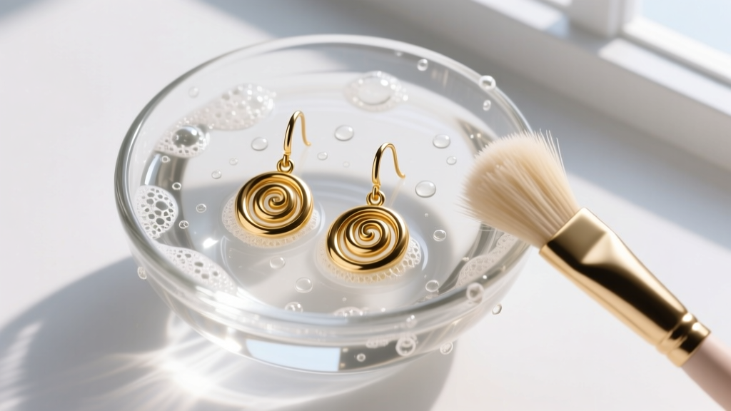 Top-down view of gold swirl drop earrings soaking in a glass bowl of soapy water, beside a soft-bristled jewelry cleaning brush.