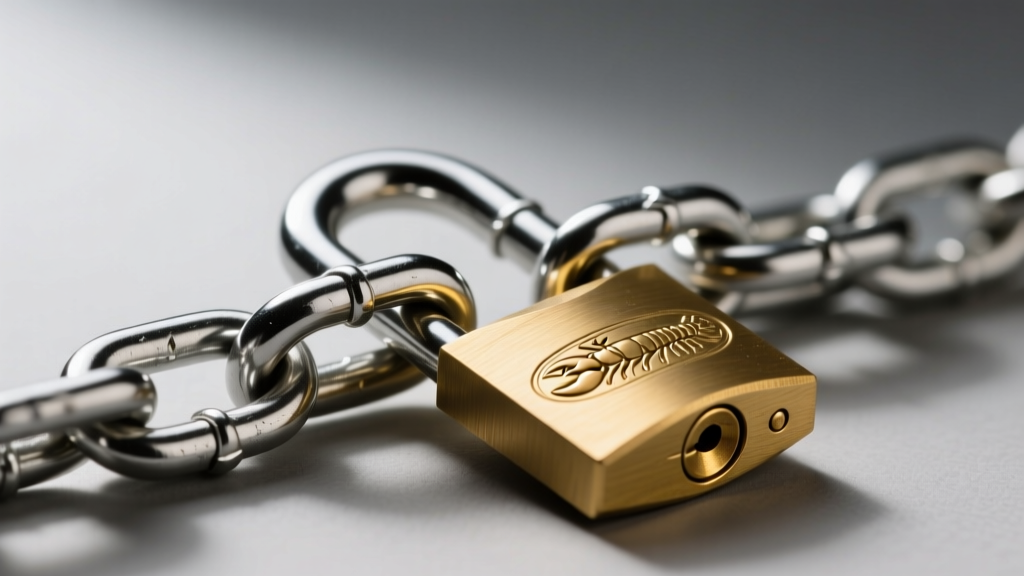 Macro shot of a 4mm stainless steel curb chain attached to a brass padlock bail, showing a heavy-duty lobster clasp mechanism.