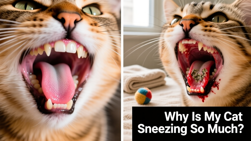 Side-by-side comparison showing healthy pink gums versus severely inflamed, ulcerated gums in a cat with chronic calicivirus-related oral disease