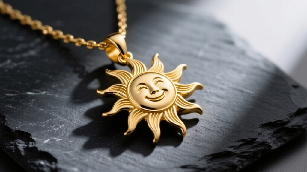 Textured 14k yellow gold sun pendant necklace on dark slate, showing intricate ray details and an engraved central smiling face.