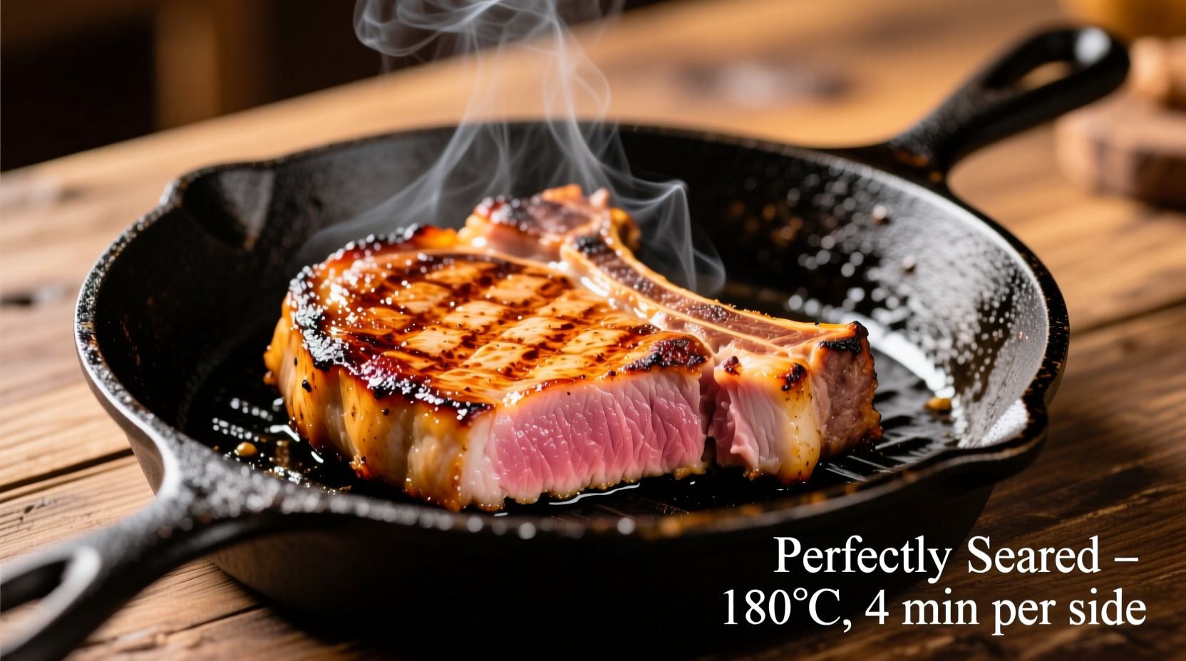 Perfectly seared center cut pork chops on cast iron skillet