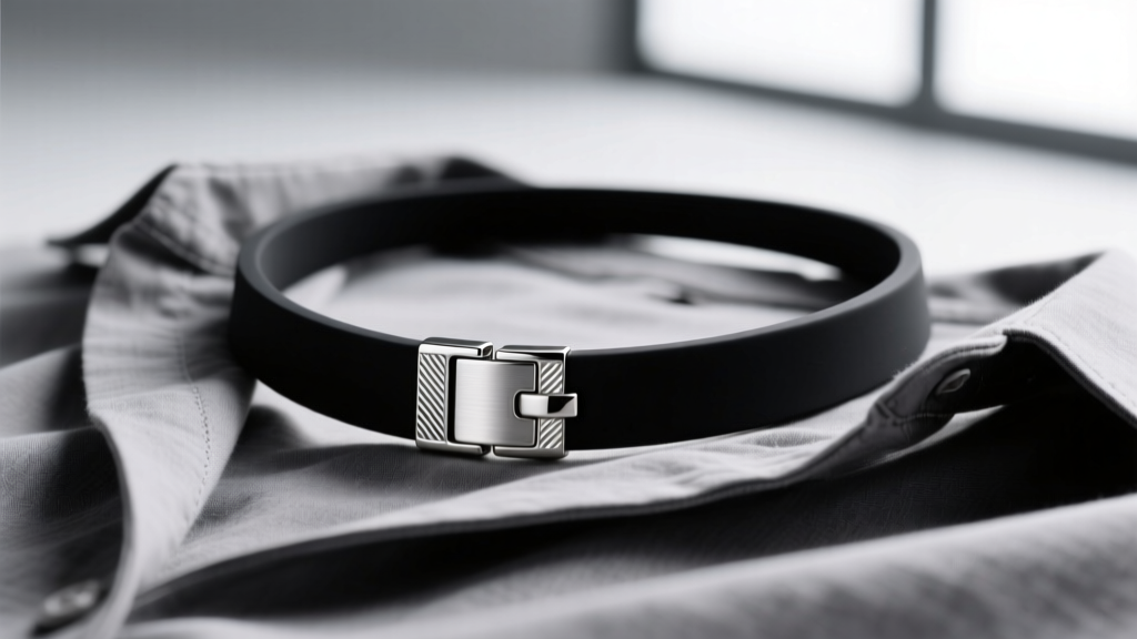 Close-up of a black silicone Colantotte magnetic necklace on a folded charcoal linen shirt, highlighting the brushed steel clasp