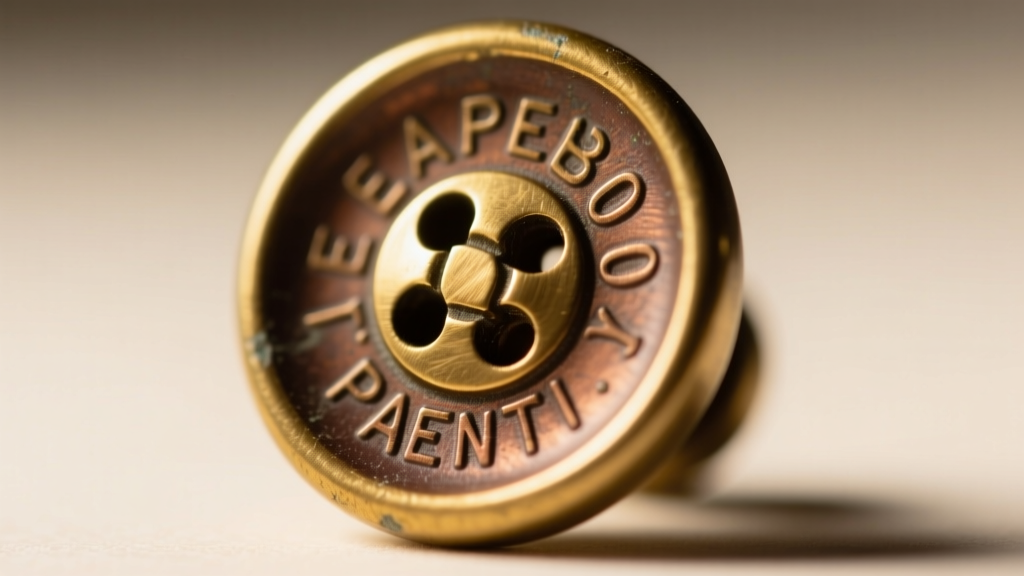 Macro shot of the back of an 1890s brass button showing a stamped alpha shank with patent marks under warm directional lighting.